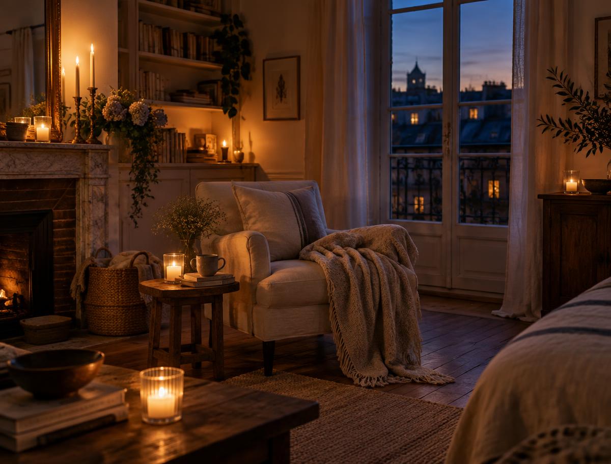 Intérieur chaleureux éclairé à la bougie, propice à une séance
